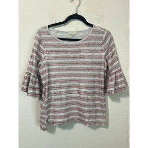 Max Studio Sz L Ruffle Sleeve Embroidered Stripe Top Coral Black White